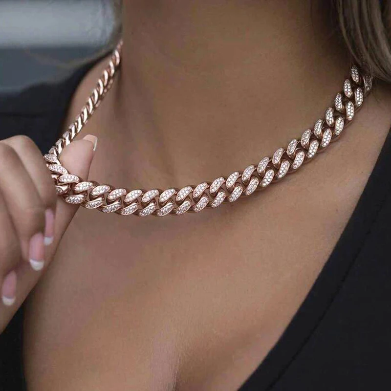 

New 12mm Miami Cuban Chain Necklace Gold Silver Color Iced Out Bling Cz Cubic Zirconia Paved Women Men Hiphop Cuban Jewelry