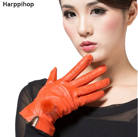 women leather gloves  Color genuine leather gloves female sheepskin gloves women\'s thin thermal mink hair ball 2017 new