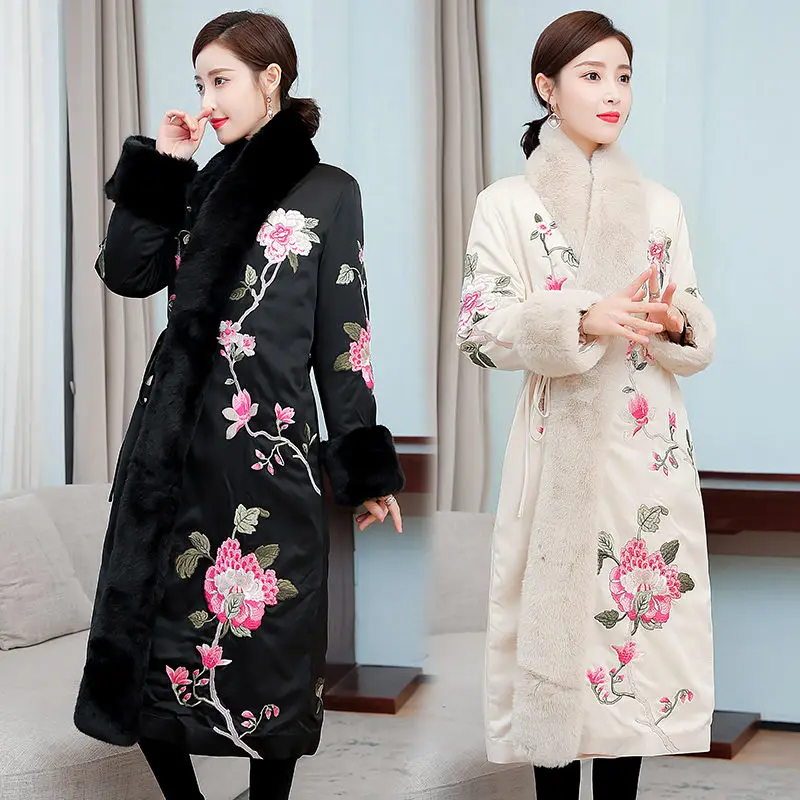 Chinese Style Winter Jacket For Women Fur Collar Padded Coat Fashion Retro Printing Long Cotton Outwear Abrigos M1143