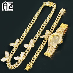 Butterfly Iced Out Cuban Chain Necklace Bracelet Watch Set For Men Hip Hop Chain Gold Silver Color Goth Jewelry Drop Shipping