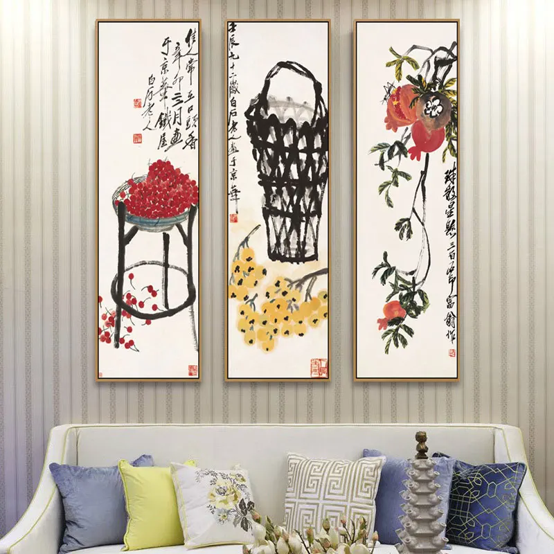 Chinese style canvas painting ink art combination decorative painting Chinese painter Qi Baishi large-scale vertical art mural