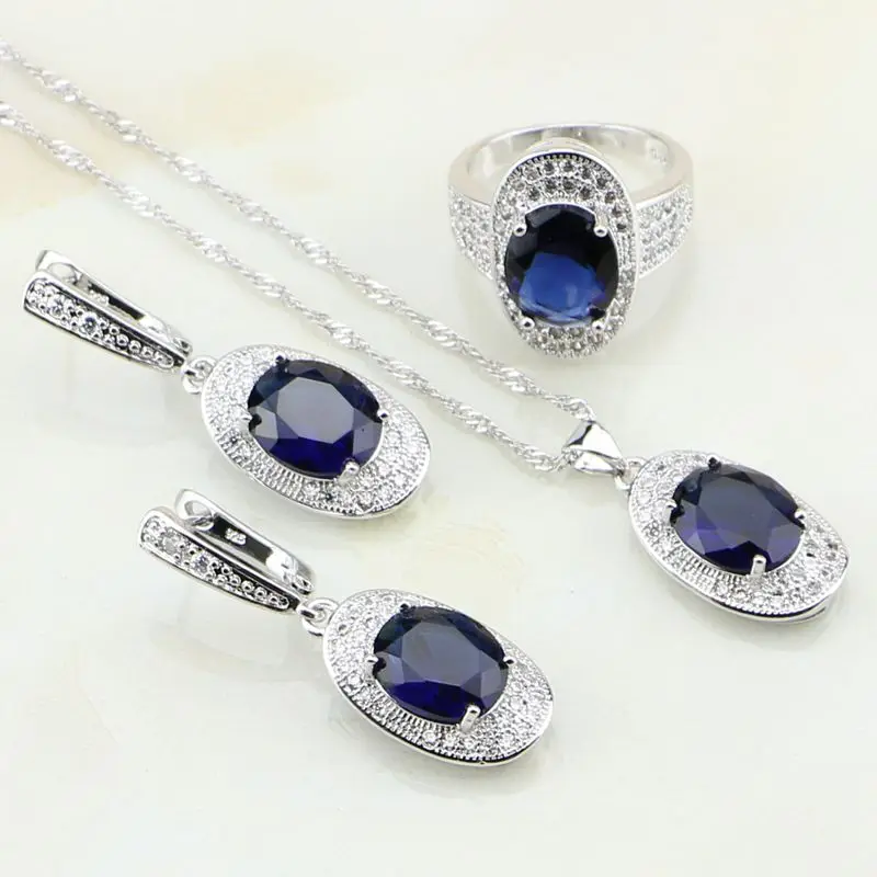 Oval Blue Cubic Zirconia White Crystal 925 Sterling Silver Bridal Jewelry Sets For Women Wedding Earrings/Pendant/Necklace/Ring