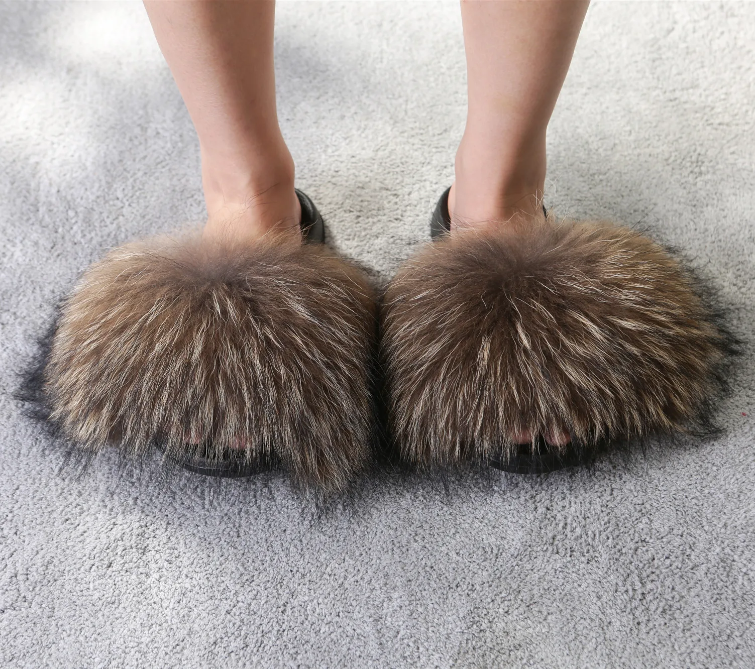 Тапки женские из натурального меха лисы, летние пушистые слайдеры, удобная обувь на плоской подошве, милые тапочки с логотипом, Jamacia