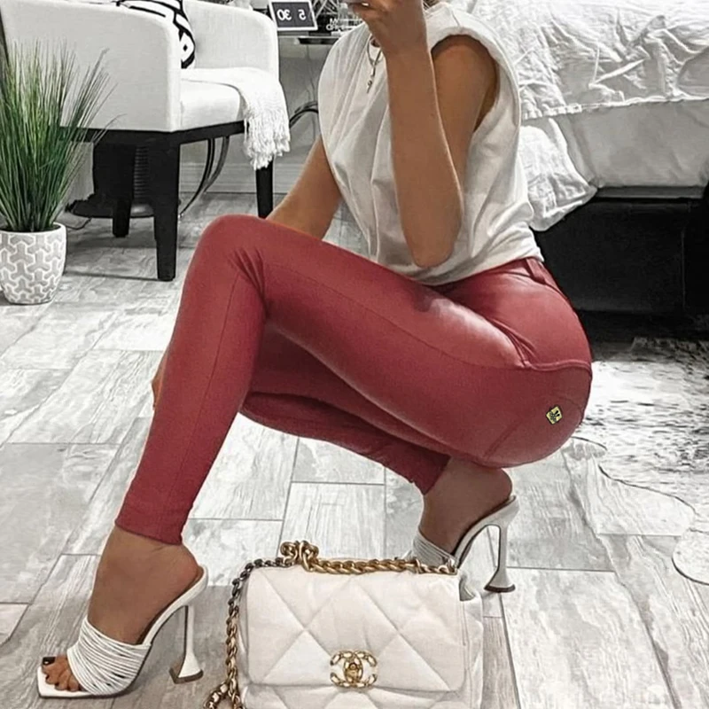 

Eco Leather Skinny Pants Women Gold Petite Pu Trousers Women'S Joggers Elegant Fashionable Women's Clothing Capri Pants