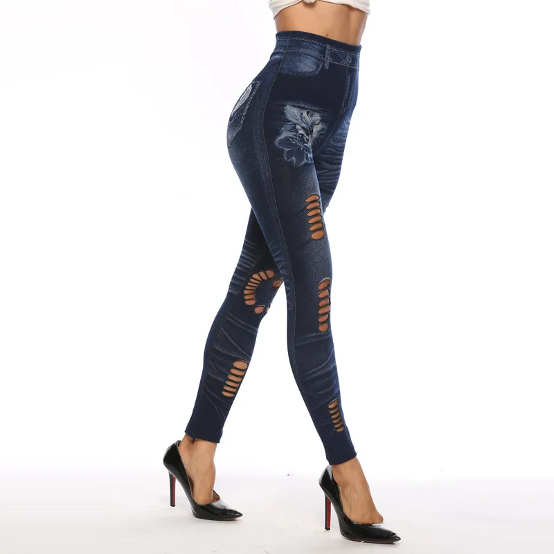 New Sexy Coração Buraco Mulheres Leggings Tamanho Grande Streetwear Alta Spandex Malha Faux Jean Calças Azul Senhoras Oco Out Calças