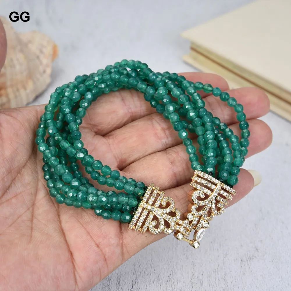 GuaiGuai Jewelry 8\'\' 7 Strands Green Agates Bracelet Cz Clasp For Women