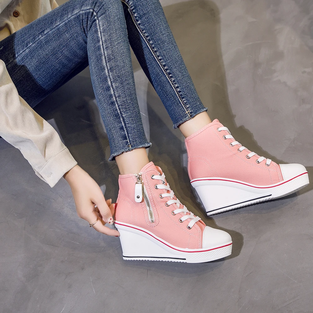 Women Comfy Lace Up Wedge Heel Sporty Canvas Shoes Ankle Boots Zippered Black Pink Height Increasing Maternal Mom Grandma Shoes