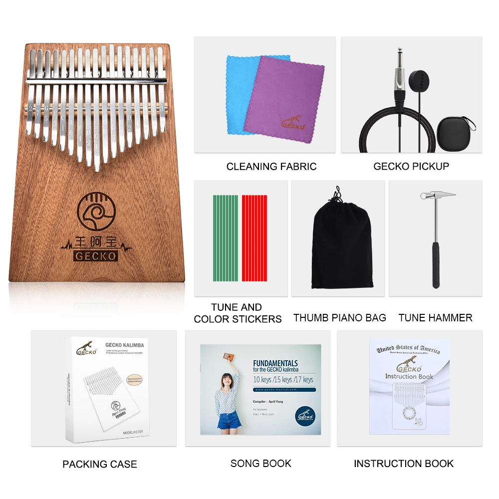 GECKO Kalimba 17 Keys Full veneer solid Mahogany Body,with Instruction and Tune Hammer, Portable Thumb Piano C Tone K17GY