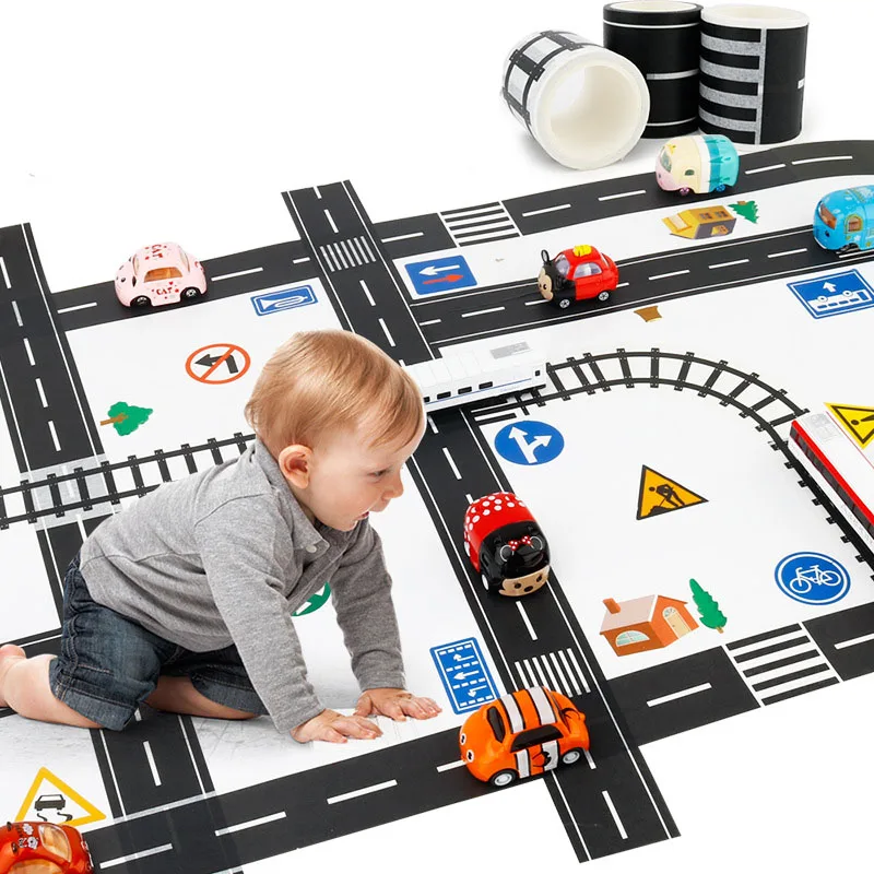 PlayTape Black Road-Black Road Tape  Includes Street Curves  Tape Toy Car Track for Kids Sticker Roll for Cars and Train Sets