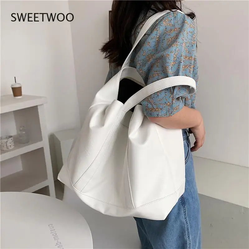 Women Large Soft Tote Bag Faux Leather Shoulder Bag Green White Brown Summer 2021