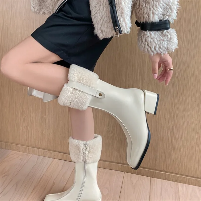 2024 New Winter Fashion Women Boots Lamb Wool Real Wool Boots Square Toe Female Thick Heel Knee High Boots High Heels