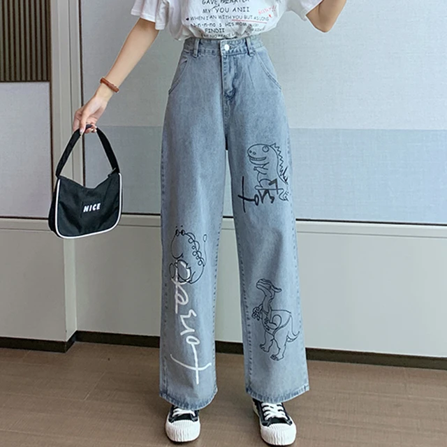 Autumn Design Denim Jeans Women Print Cartoon Loose Jean Pants Blue High Waisted Jeans Korean Fashion Pants New AliExpress