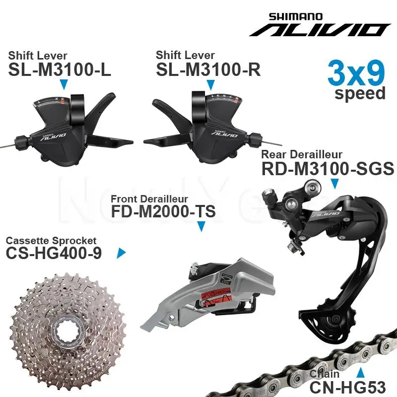 SHIMANO-Grupo ALIVIO M3100 3x9v con palanca de cambios de 3x9 velocidades, desviador delantero M2000, Piñón de Cassette HG200, cadenas de engranaje