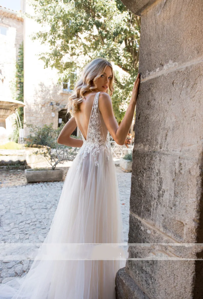 Sexy V-ausschnitt Hochzeit Kleider Boho Weg Von der Schulter Spitze Applique Backless Bodenlangen A Line Tüll Brautkleider Vestido de noiva