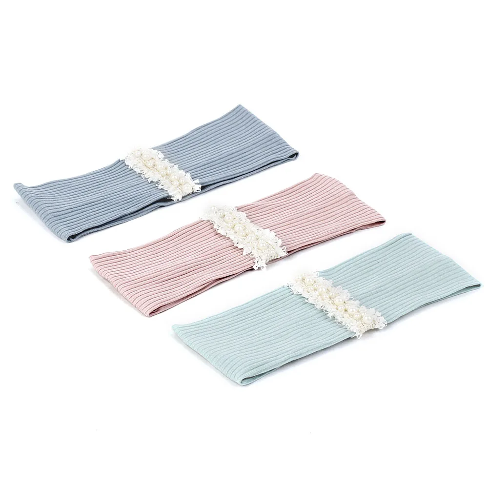 Geebro Pearl Lace Stripe Elastic Ribbed Women Yoga Headband Delicate Beads Hairband Female Hair Accessories for Lady Girls