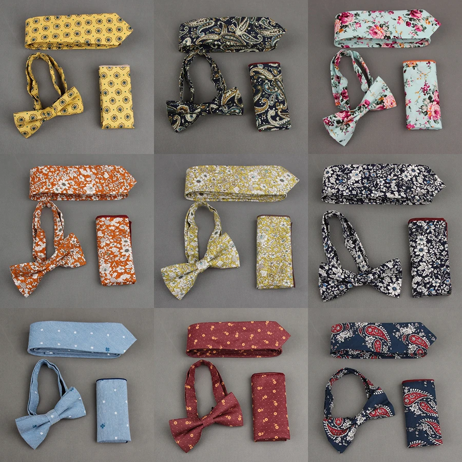 GUSLESON Cotton Slim 6cm Bowtie Hanky and Tie Set For Men Paisley Printed Floral Necktie Sets Suit Wedding Pocket Square Tie