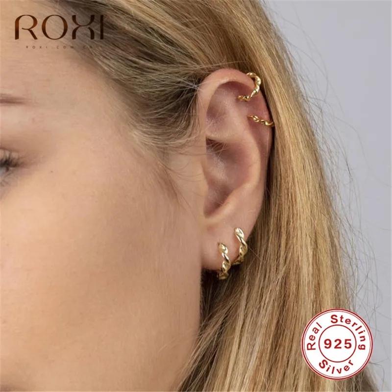 ROXI Minimalist 925 Sterling Silver Twisted Stud Earrings for Women Geometric Circle Hoops Small Earrings Helix Piercing Earings