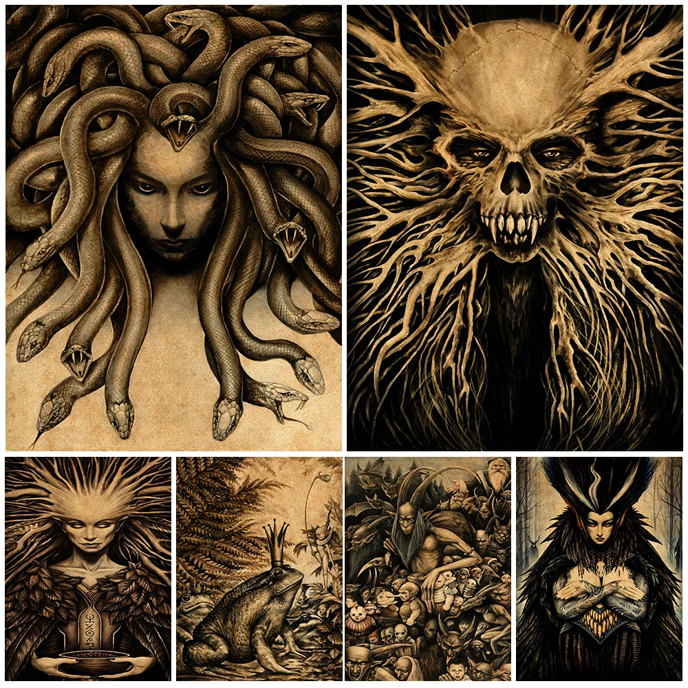 Vintage Hedge Witch,Dark Medusa,Skeleton Root Trolls Wall Art Canvas Painting Decoration Posters And Prints Decor Unframed