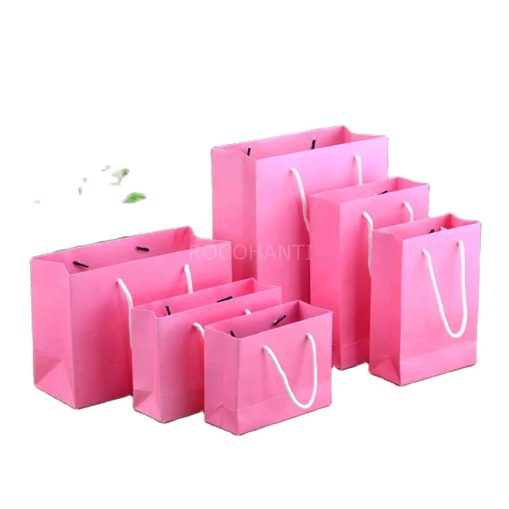 10pcs Customized LOGO Printed Pink Color Thick Paper Gift Bags Eco Reusable Promotion Shopping Bag with Handle Bulk Paper-bag