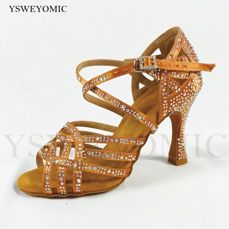 2021 Spring New Style Latin Bachata Salsa Dance Shoes Women Suede Outsole Tan Satin Rhinestones Latin Dance Shoes in 3inch Heel