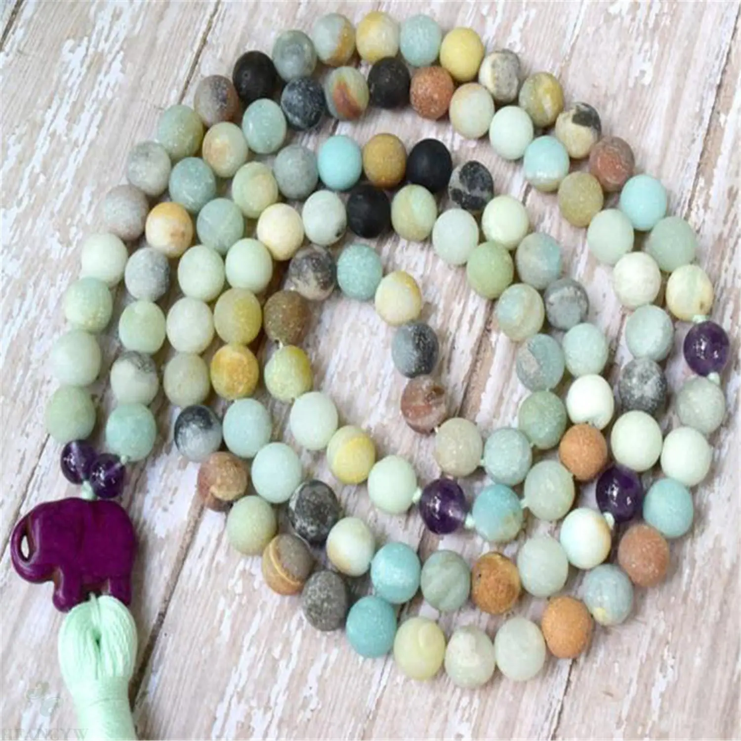 6mm Amazonite 108 Beads Handmade Tassel Necklace Ruyi Chakra Healing Buddhism Mala Prayer Men