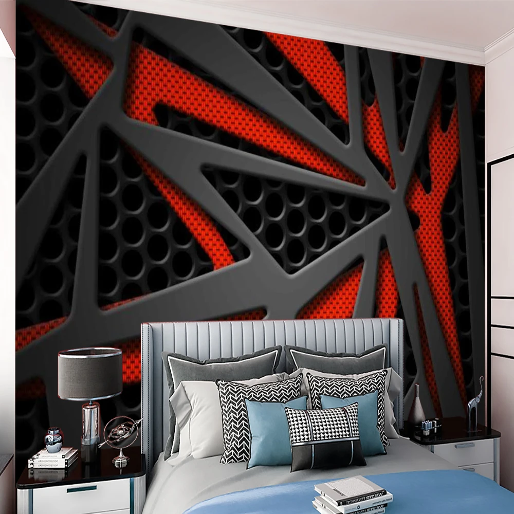 

3d Wallpaper Living Room Printed Mural Wallpapers Red Gray Lines Geometric Shapes