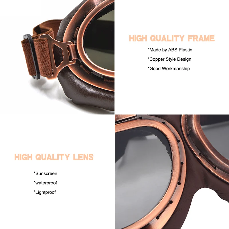 Retro Motorcycle Goggles Glasses Vintage Motorbike Classic Motorcross Protective for Pilot Steampunk ATV UTV Bike Copper Helmet