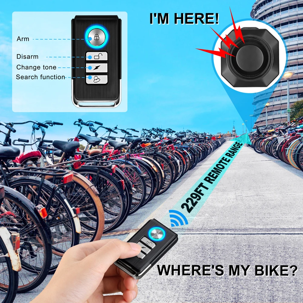 Anchtek Wireless Anti-Theft Bike Vibration Alarm Remote Control USB Charging Waterproof Safety System Bicycle Motorcycle Alarm