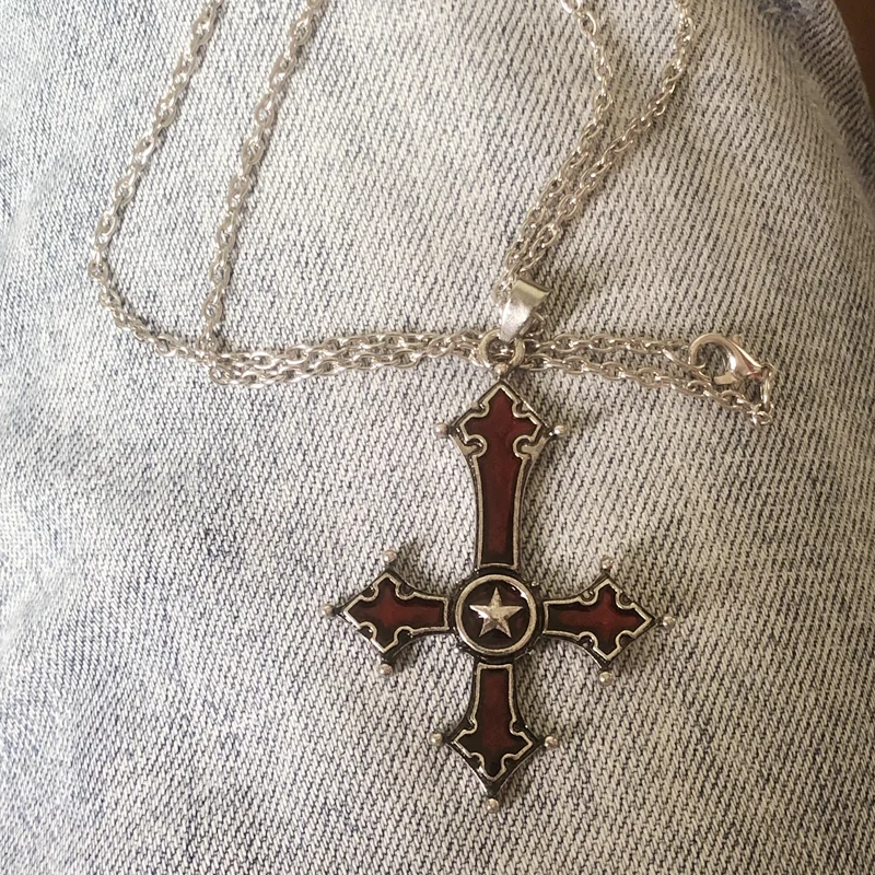 Red Bloody Inverted Cross Pendant Necklace Vintage Gothic Cross Pendant Necklace Devil Lucifer Satan Satanic Jewelry