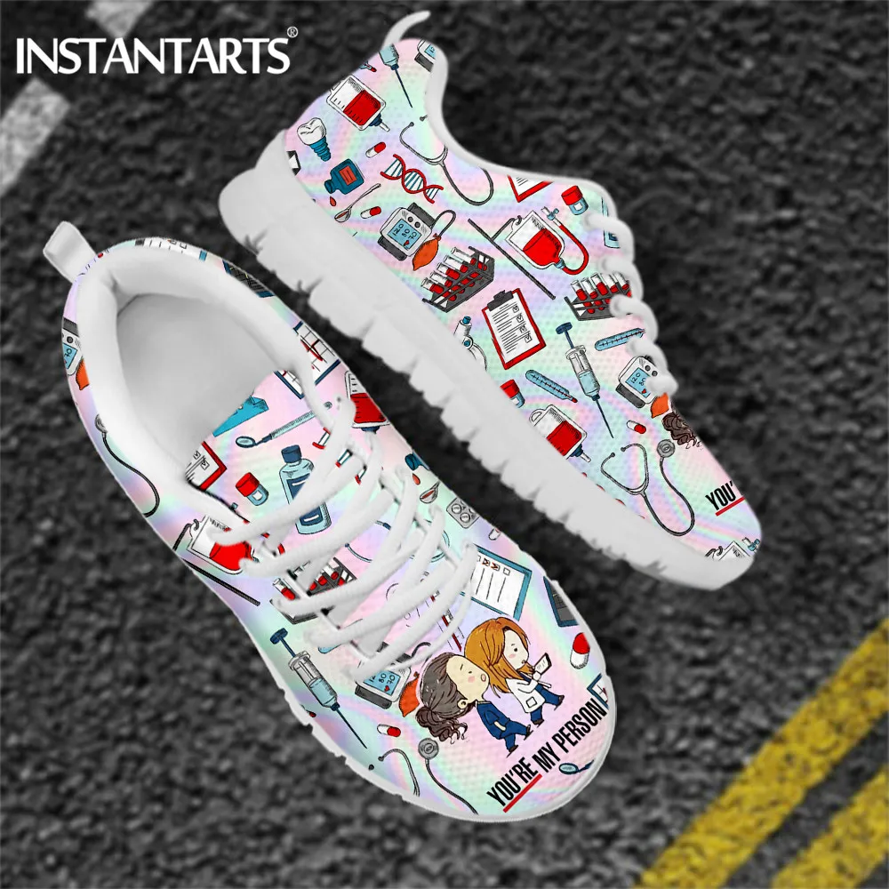 INSTANTARTS Breathable Medical Nurse Shoes Women Holographic Grey's Anatomy You're My Person Print Ladies Light Flat Sneakers