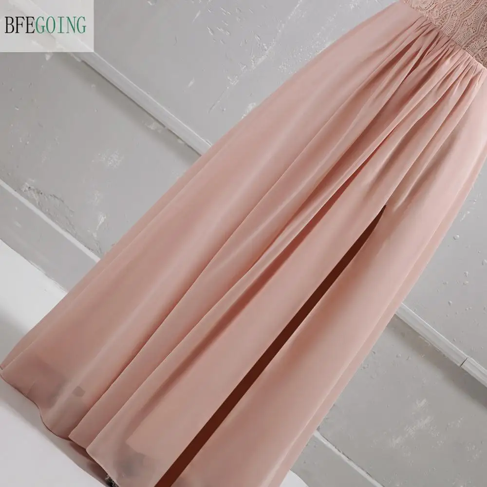 Robe de mère de la mariée en mousseline de soie rose Blush à manches courtes, robe trapèze longueur au sol, sur mesure