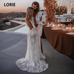 LORIE Bohemian Wedding Dresses Lace V-Neck Wedding Gown Boho Beach Bridal Dress Long Sleeve Open Back Customized  vestido novia