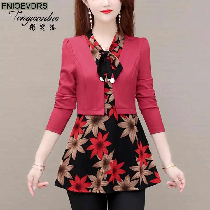 L-5XL 2021 Women Elegant Office Lady Retro Vintage Loose Peplum Bow Tie Top Flower Floral Printing Long Tunic Basic Shirt Blouse