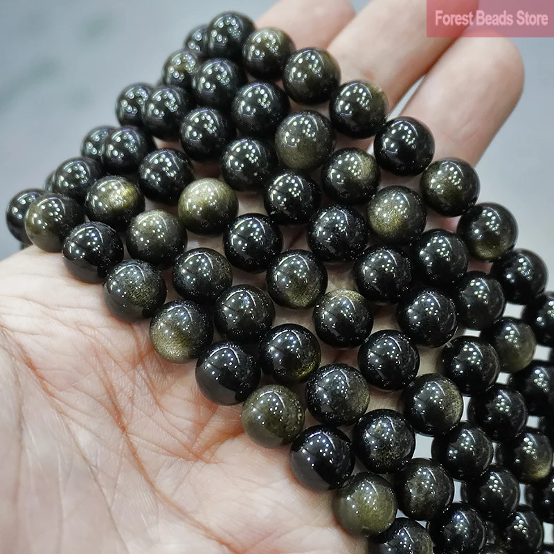 Smooth Gold Obsidian Natural Stone Round Beads for Jewelry Making 15