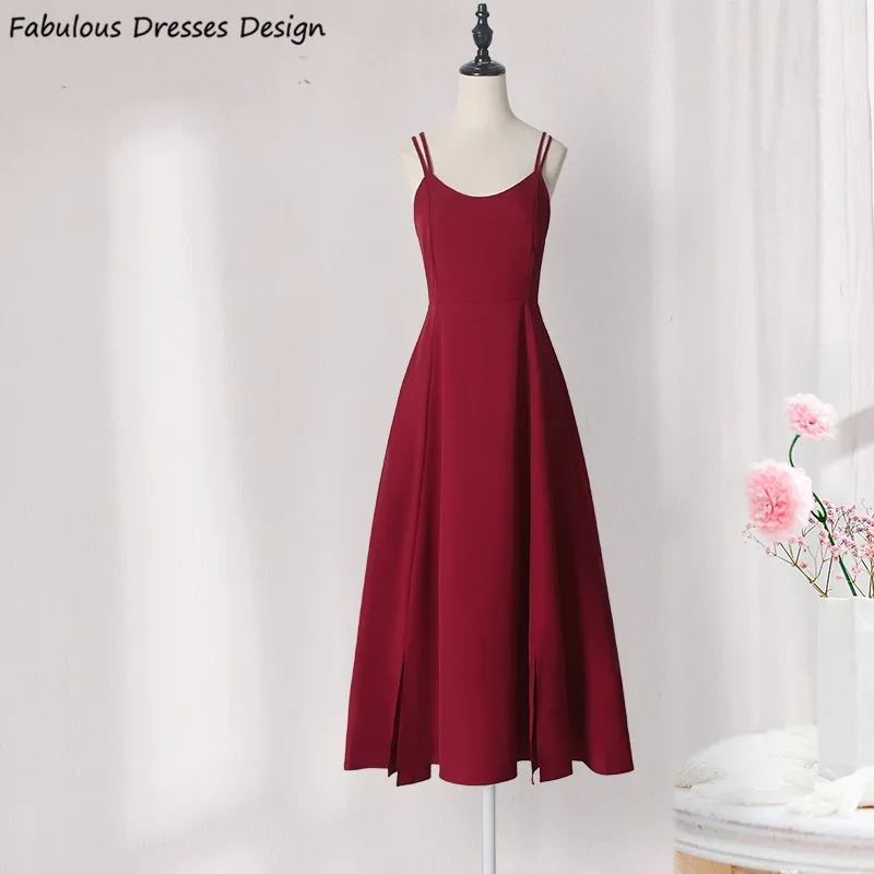 

Burgundy Tea Length Bridesmaid Dresses A-line Satin Criss Cross Backless Scoop Neck Bridal Party Dress Spaghetti Strap Prom Gown