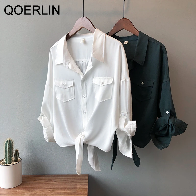 QOERLIN New Retro Loose Fashion Lace Up Shirt Rolled Half Sleeve Blouse Lyocell Fabric Polo Collar Button Down OL Style Workwear