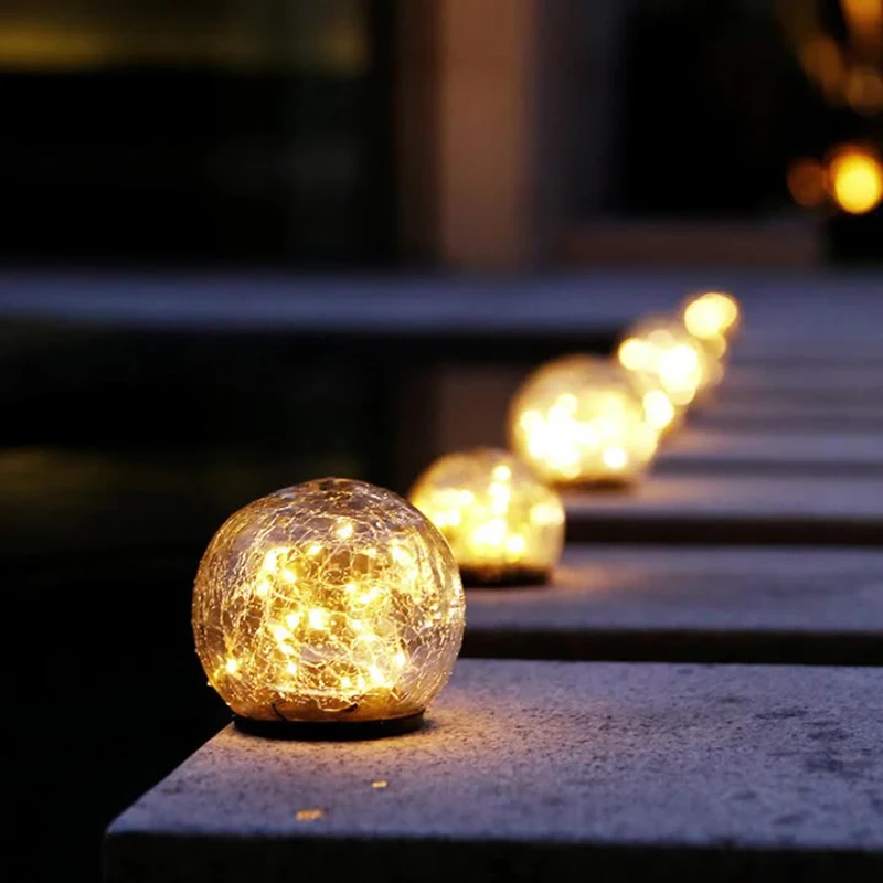 Garden Solar Lamp Cracked Glass Round Ball Lights Outdoor Waterproof LED Globe Sunlight Outside Decor for Lawn Patio Yard Path