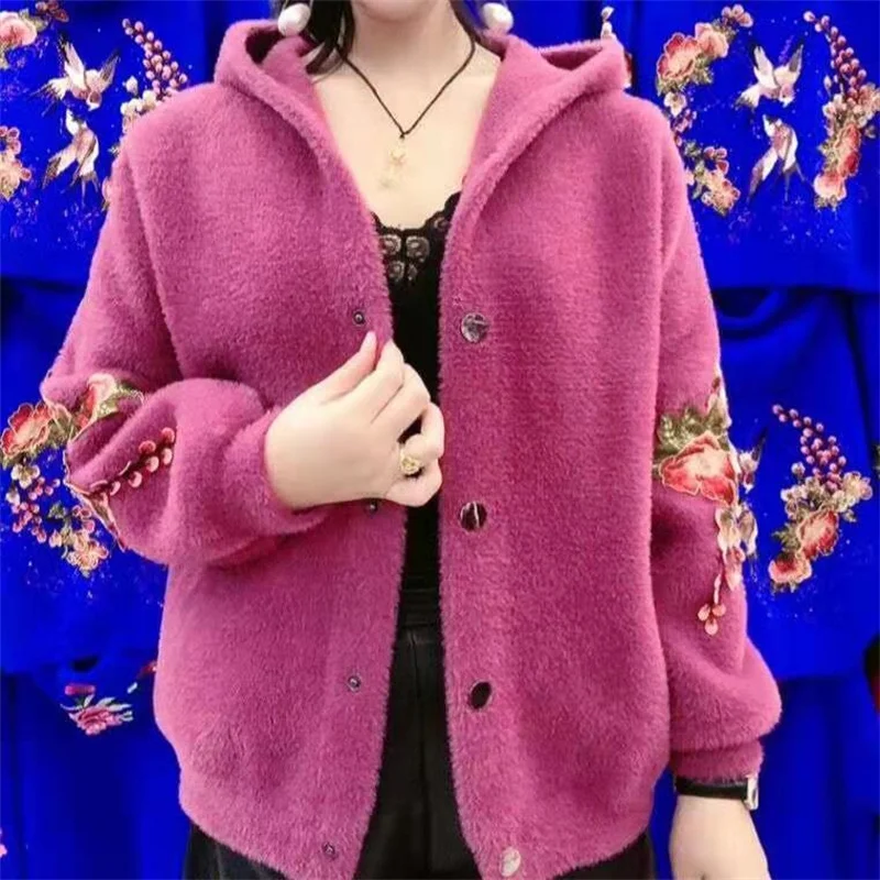 2023Autumn Winter New Imitation Mink Velvet Women Hooded Embroidered Wool Thick Coat Fashion Was Thin Net Red Hot Models A664