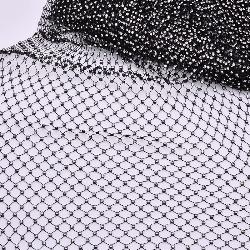 JUNAO 1Meter Glass Black AB Rhinestones Net Mesh Fabric Elastic Crystal Appliques Sexy Sewing Trim for Women Clothes Bag Crafts