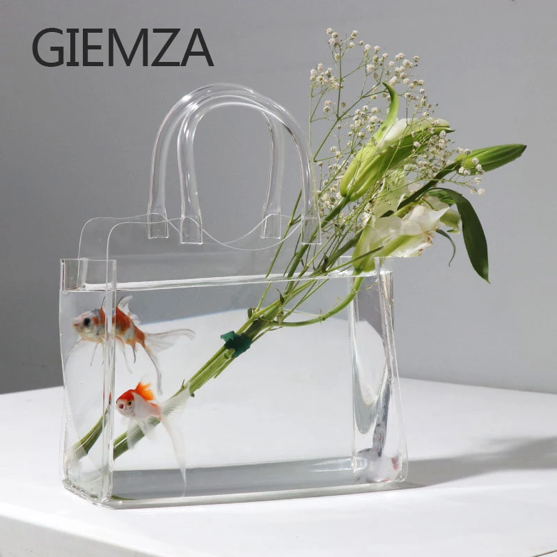 GIEMZA Nordic Transparent Acrylic Fashion Women\'s Bag Vase Shopping Basket Decoration Light Luxury Living Room Fish Tank Flower