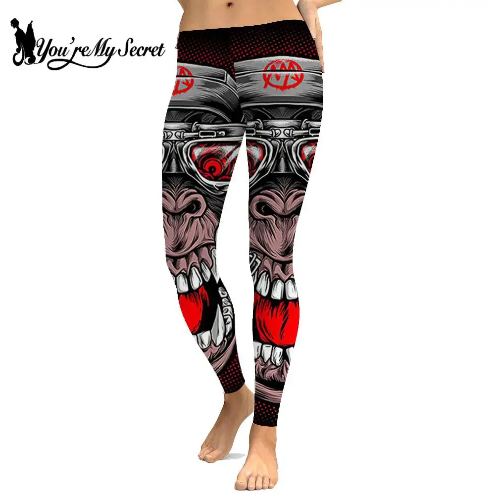 [You\'re My Secret] Women\'s Gothic Mid Waist Leggings Skull Printed Trousers Sexy Female Casual Streetwear Elastic Pants