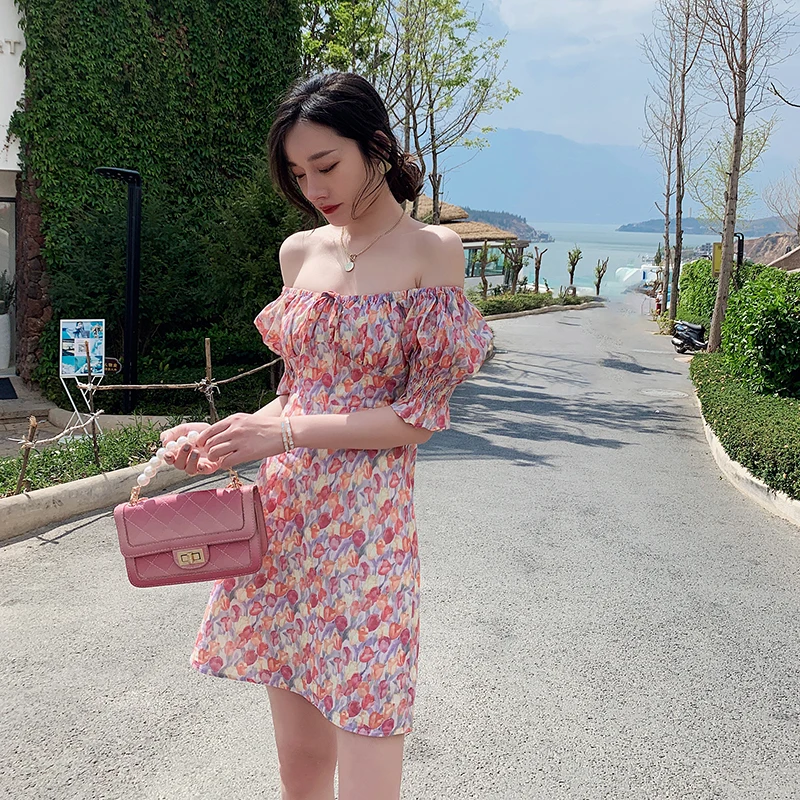 

One-neck Off-the-shoulder Dress Summer Dress 2021 Ladies Printed Floral Lantern Sleeve Chiffon Dress Mini Short Women Dresses