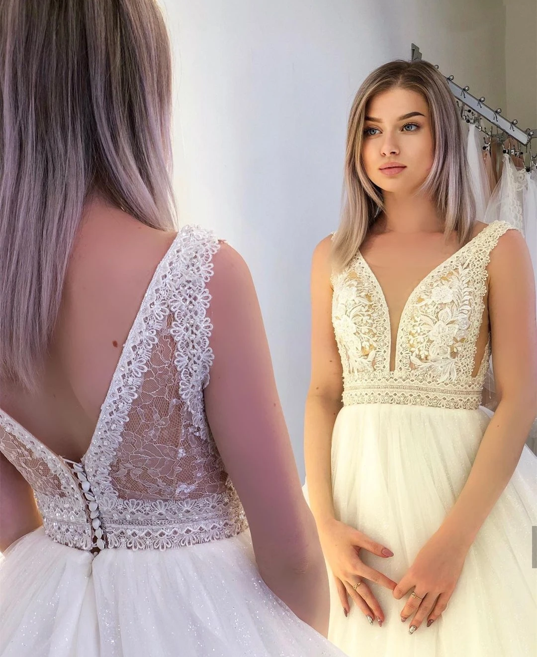 Abito da sposa in Tulle 2021 A-Line scollo a v su misura lunghezza del pavimento abito da sposa senza schienale principessa senza maniche bianca civile Vintage