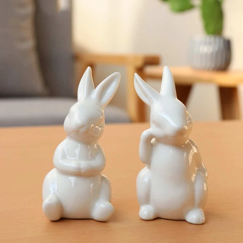 Pure White Easter Animal Miniatures Rabbit Ceramic Figurines Home Decoration China Gift, Modern Statue Desk Ornament