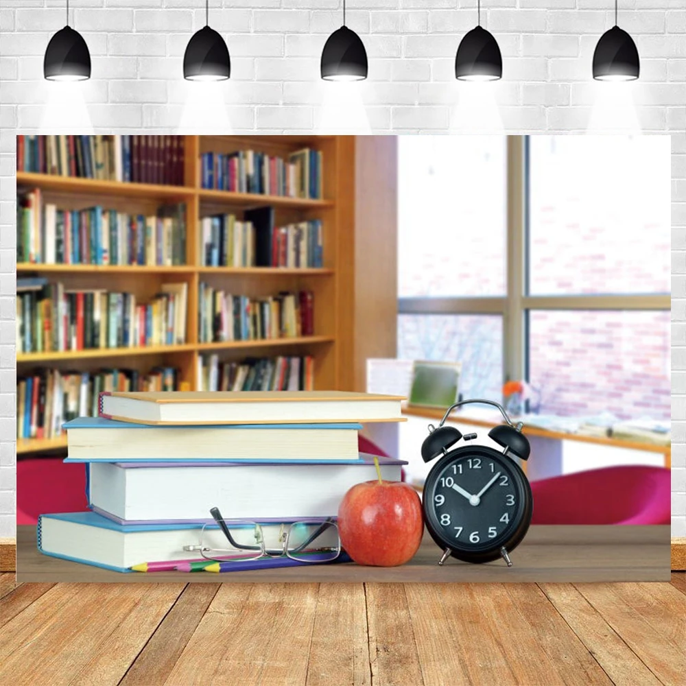 

Yeele Books Apple Alarm Clock Bookshelf Background Photography Students Back to School Party Backdrop Photo Studio Photophone