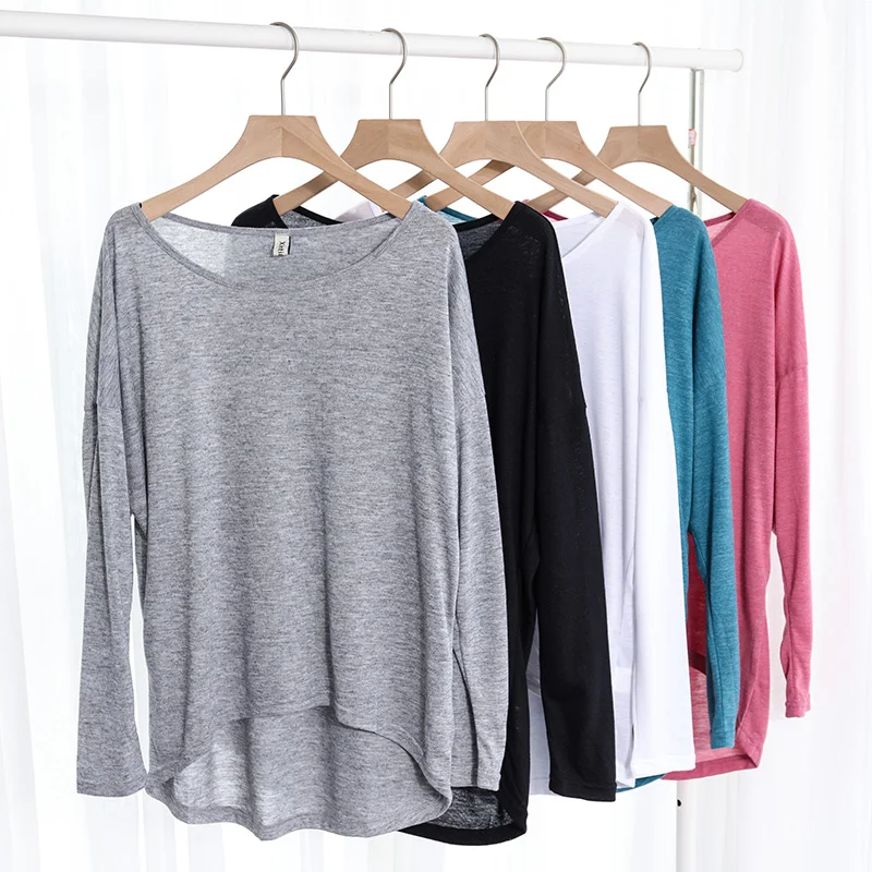 Vintage Viscose Women T-Shirt 2022 Newly Casual Loose Long Sleeve Asymmetric Spring Autumn Workout Female Tops Very Soft