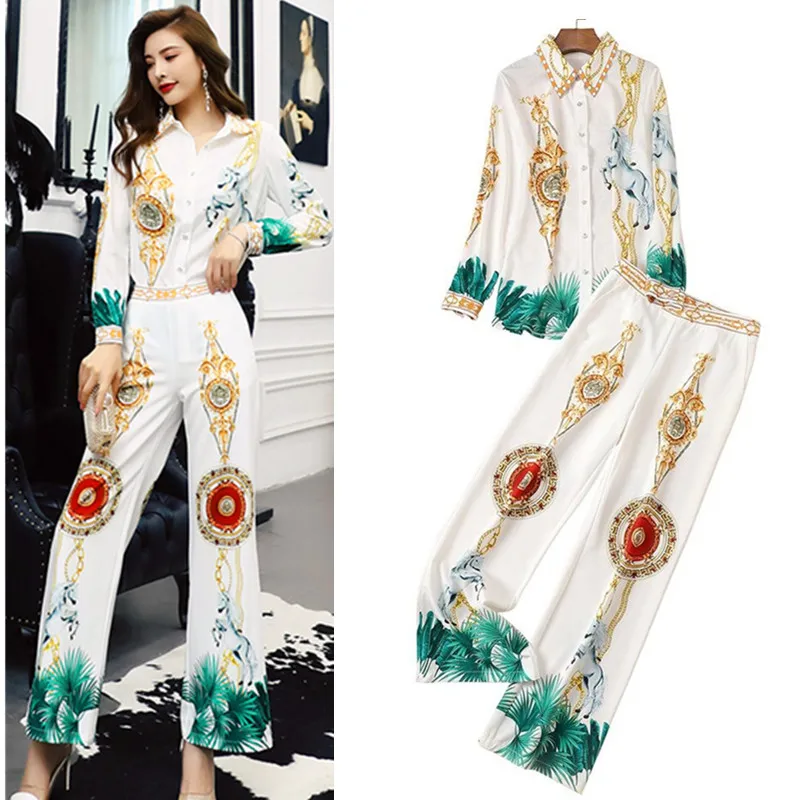 Runway Spring Summer Women Pants Suits Vintage Retro Floral Print Shirts Blouses Tops + Female Slim Party Pants Suit NS585