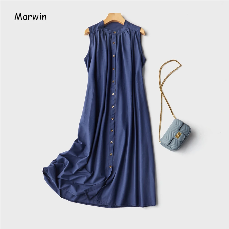 Marwin 2020 New-Coming Loose Casual Solid Sleeveless O-Neck Women Dresses Cotton And Linen Ankle-Length Female Dresses