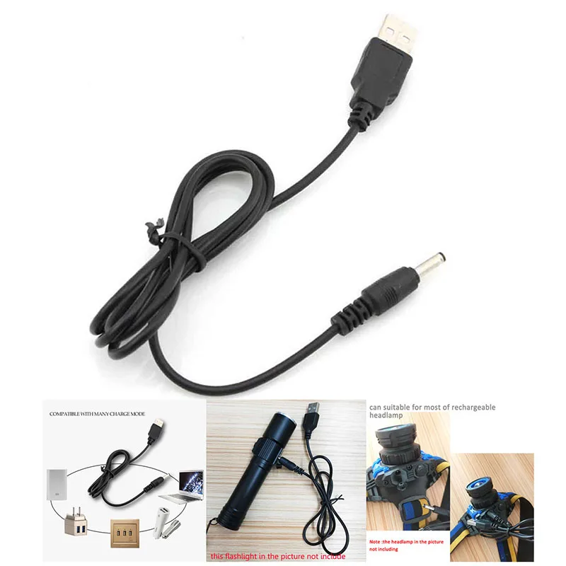 Universal DC 3.5mm Power Cable USB Charger charging Cable adapter for 18650 rechargeable batteries head flashlight torch lamp