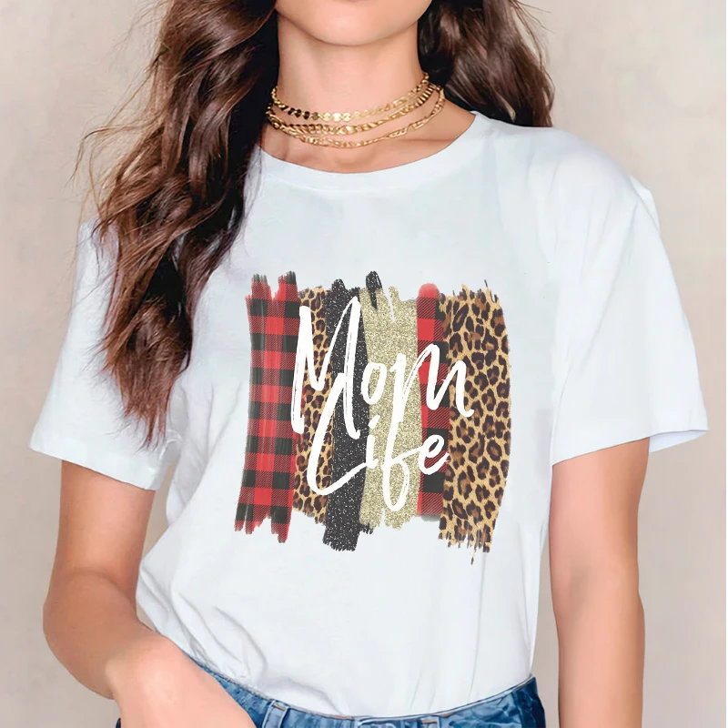 Women Mama Mom Life Leopard Plaid Graphic Harajuk Print T-shirt Tops 2020 Summer Fashion Short Sleeved T-shirt  Girl,Drop Ship